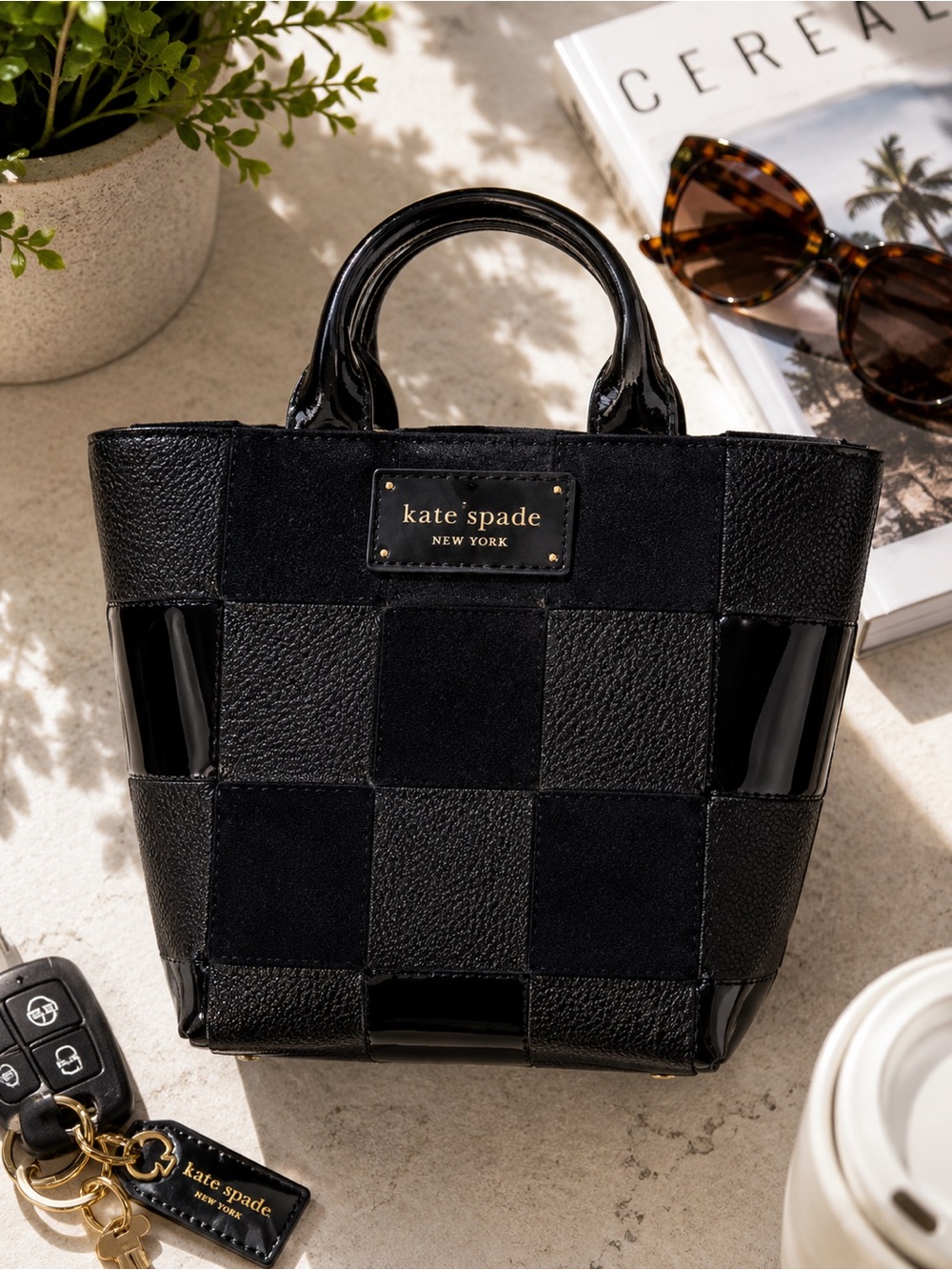Kate Spade Patent Mix Mini Tote Black Woven Leather Suede NWT